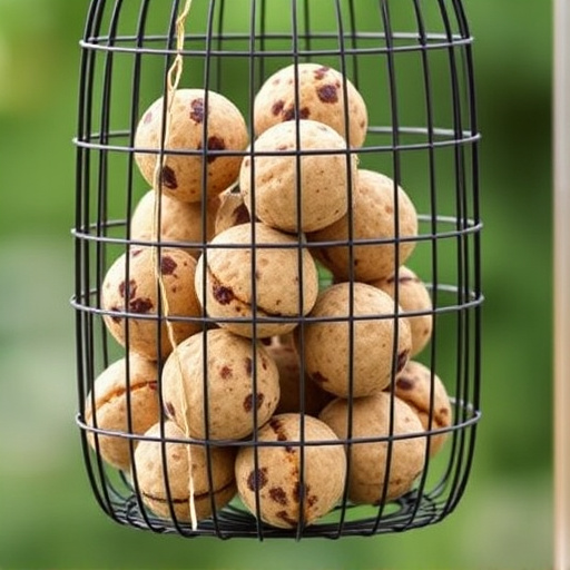 Fat balls stacked in wire bird feeder