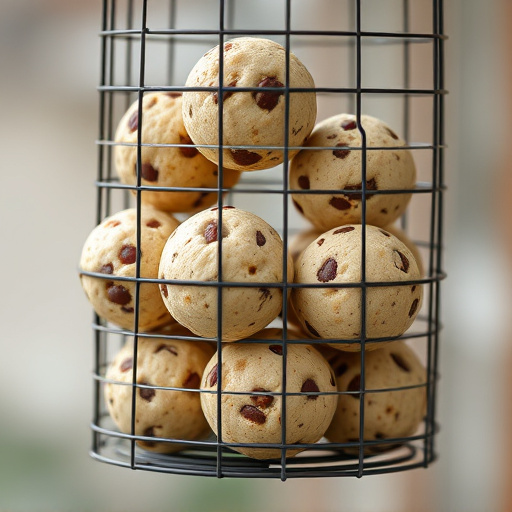 Fat balls stacked in wire bird feeder