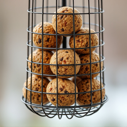 Fat balls stacked in wire bird feeder