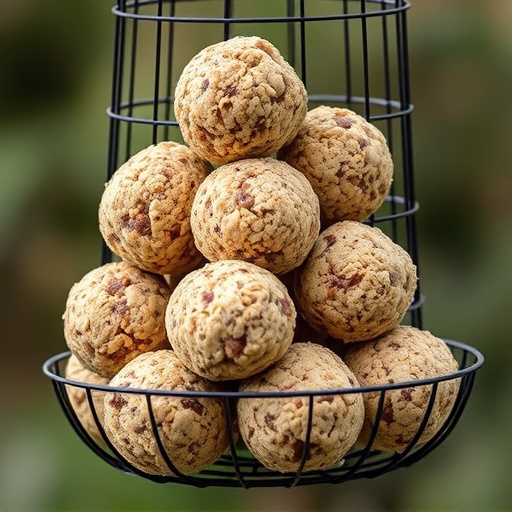 Fat balls stacked in wire bird feeder