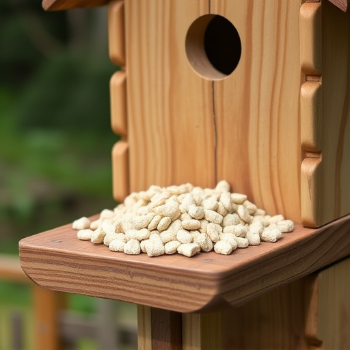 Fat pellets on wooden bird table