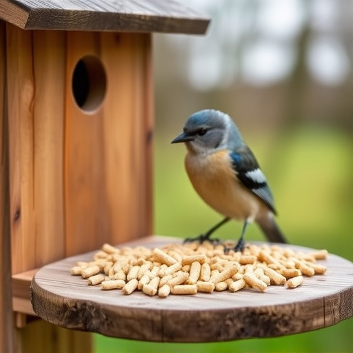 Fat pellets on wooden bird table