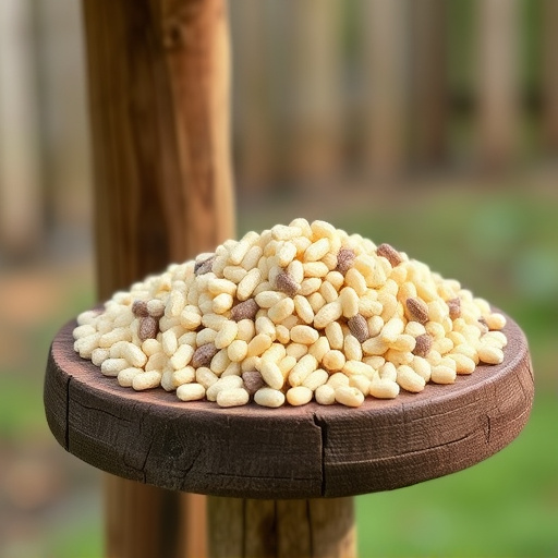 Fat pellets on wooden bird table