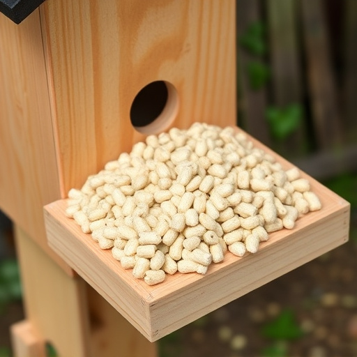 Fat pellets on wooden bird table