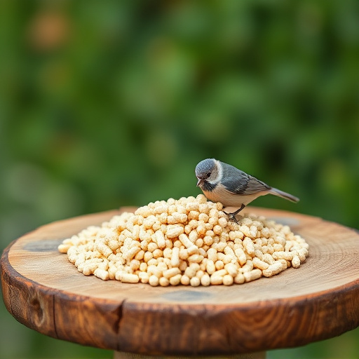 Fat pellets on wooden bird table