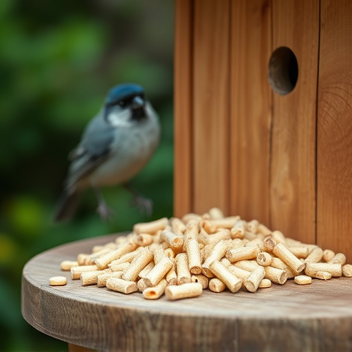 Fat pellets on wooden bird table