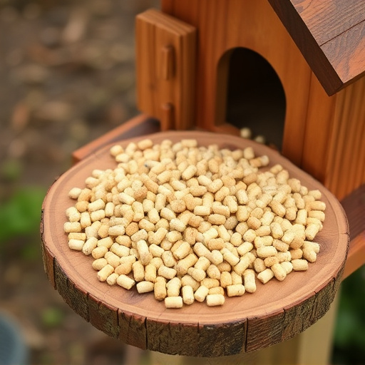 Fat pellets on wooden bird table