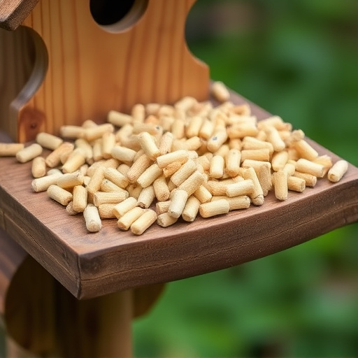 Fat pellets on wooden bird table