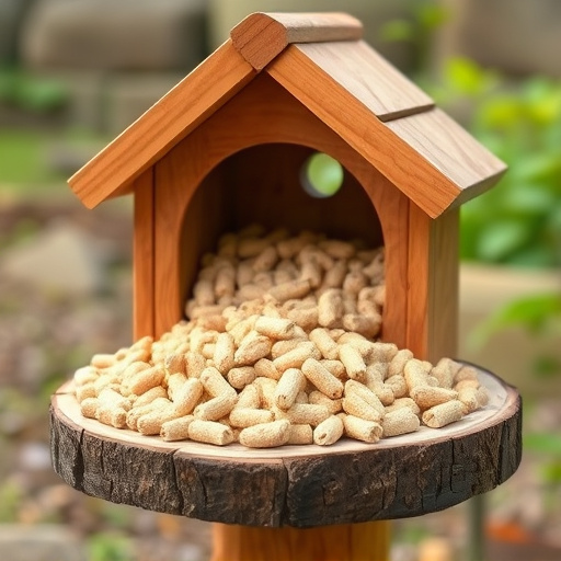 Fat pellets on wooden bird table