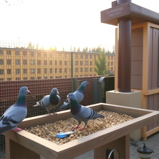 Feeding area with pigeon-proof features
