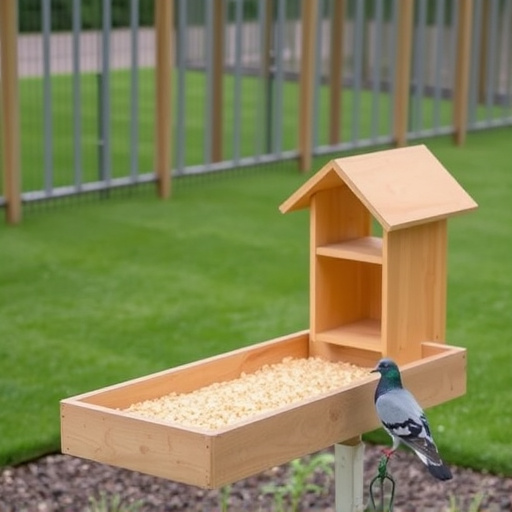 Feeding area with pigeon-proof features