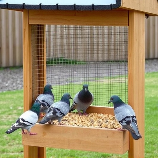 Feeding area with pigeon-proof features