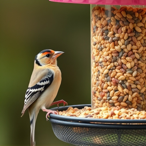 Finch eating from seed-filled feeder