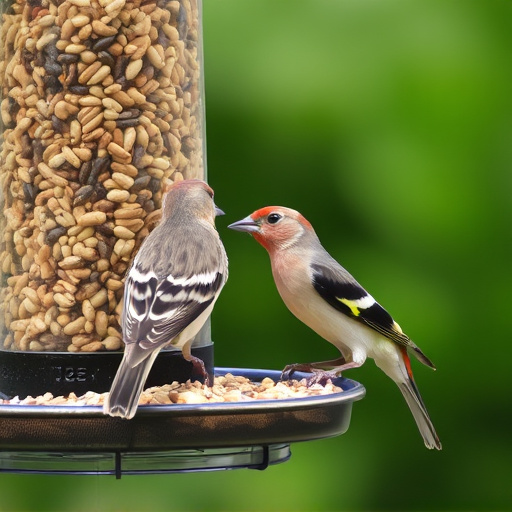 Finch eating from seed-filled feeder