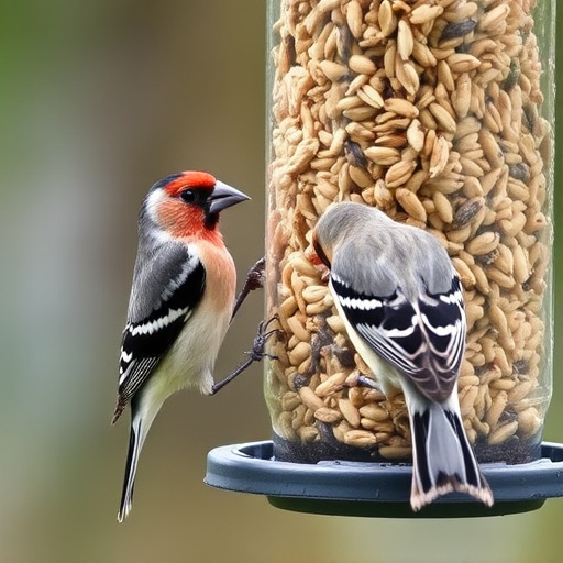 Finch eating from seed-filled feeder