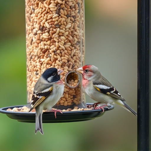 Finch eating from seed-filled feeder
