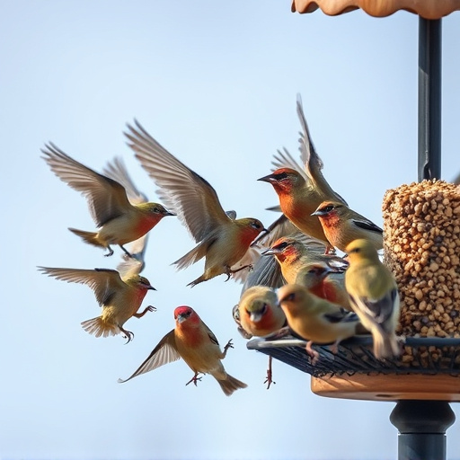 Finch flock gathered around seed station