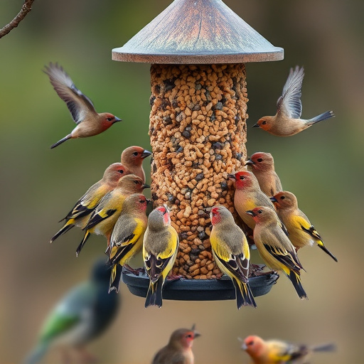 Finch flock gathered around seed station