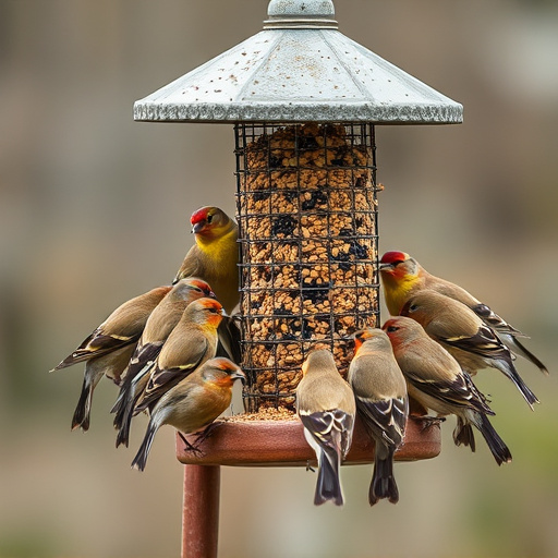 Finch flock gathered around seed station