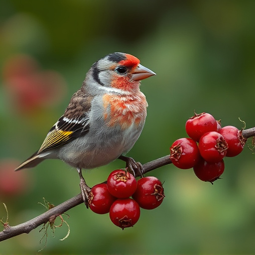 Finch perched beside berry-flavoured suet