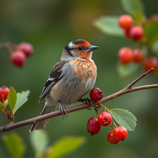 Finch perched beside berry-flavoured suet