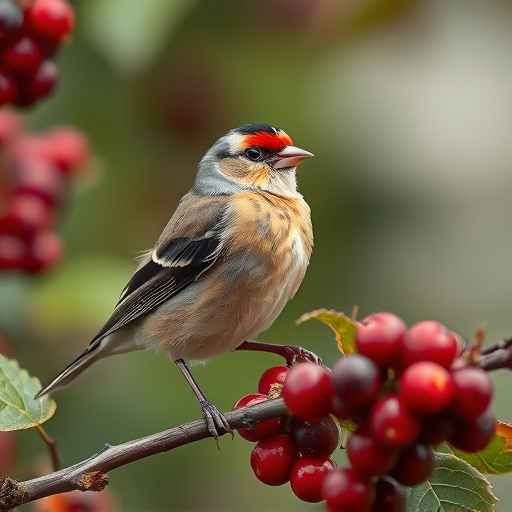Finch perched beside berry-flavoured suet