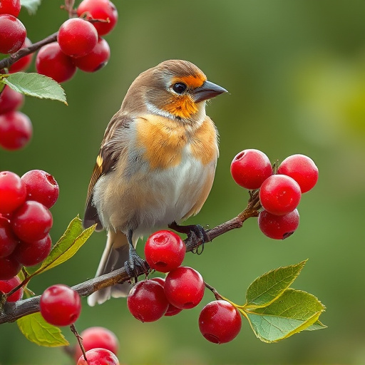 Finch perched beside berry-flavoured suet