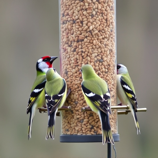 Finches feeding on nyjer seed feeder