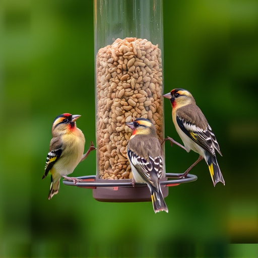 Finches feeding on nyjer seed feeder