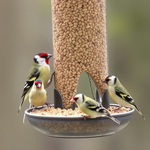 Finches feeding on nyjer seed feeder