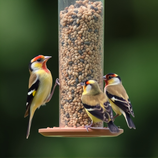 Finches feeding on nyjer seed feeder