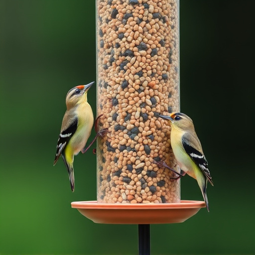 Finches feeding on nyjer seed feeder