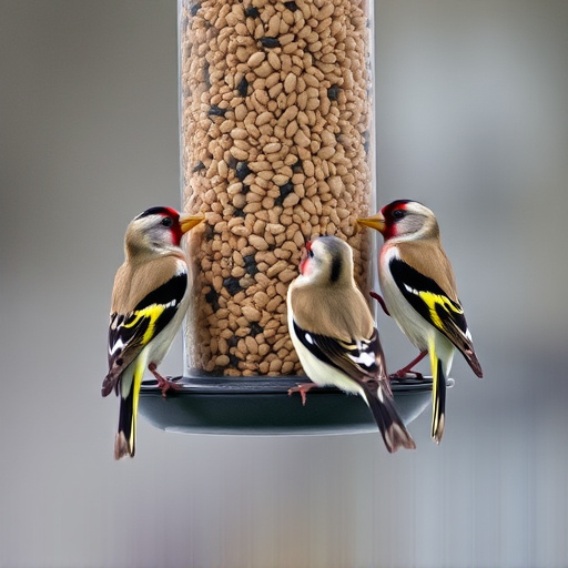Finches feeding on nyjer seed feeder