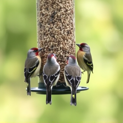 Finches feeding on nyjer seed feeder