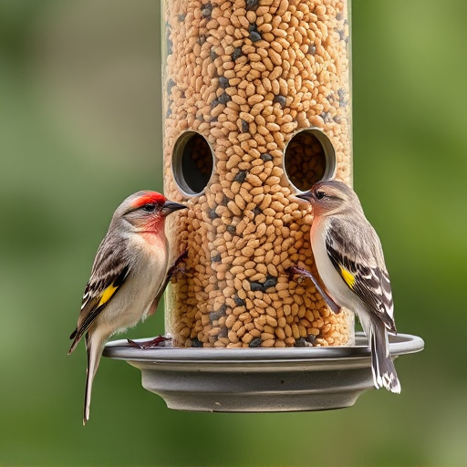Finches feeding on nyjer seed feeder