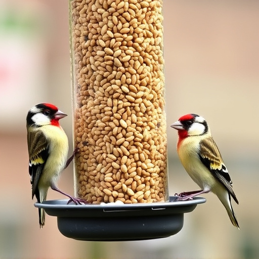 Finches feeding on nyjer seed feeder