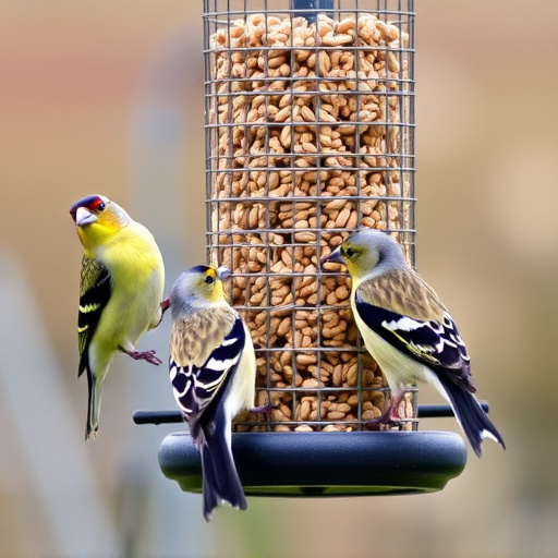 Finches feeding on nyjer seed feeder