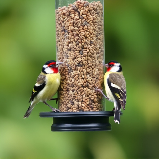 Finches feeding on nyjer seed feeder