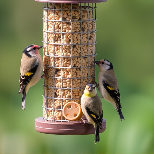 Finches feeding on nyjer seed feeder