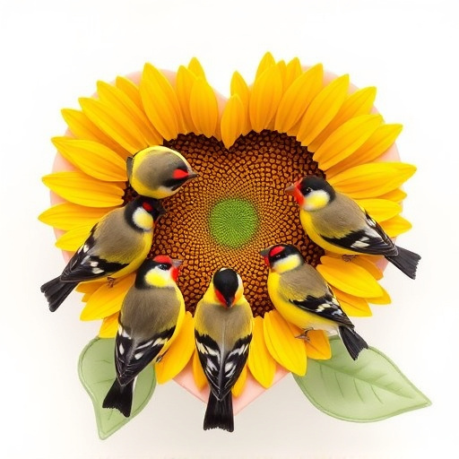 Finches gathered around sunflower heart dish