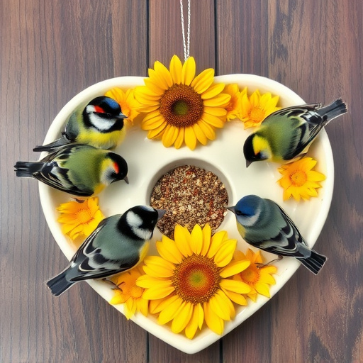 Finches gathered around sunflower heart dish