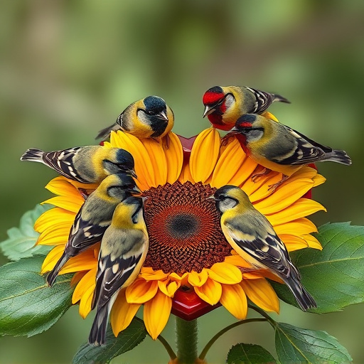 Finches gathered around sunflower heart dish