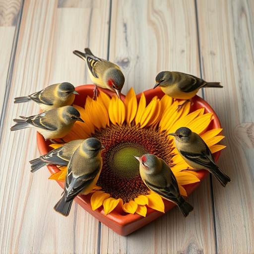 Finches gathered around sunflower heart dish