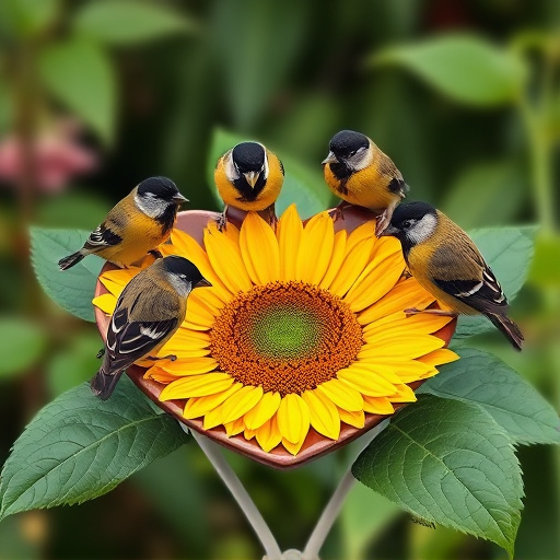 Finches gathered around sunflower heart dish