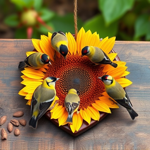 Finches gathered around sunflower heart dish