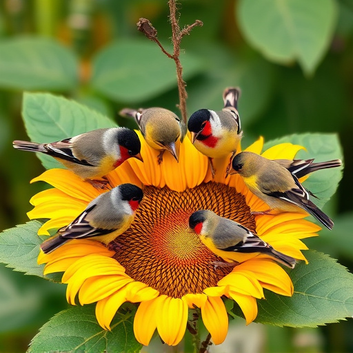 Finches gathered around sunflower heart dish