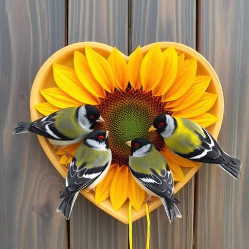 Finches gathered around sunflower heart dish