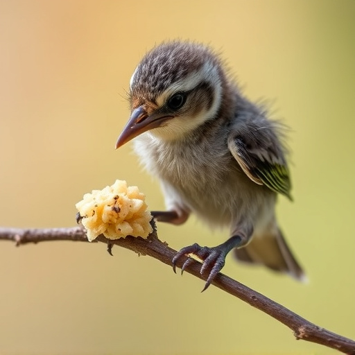 Fledgling bird receiving nutritious meal