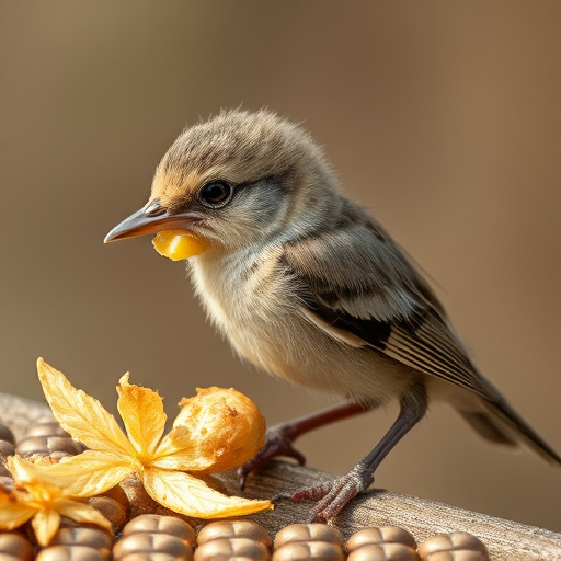 Fledgling bird receiving nutritious meal
