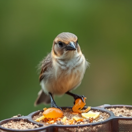Fledgling bird receiving nutritious meal